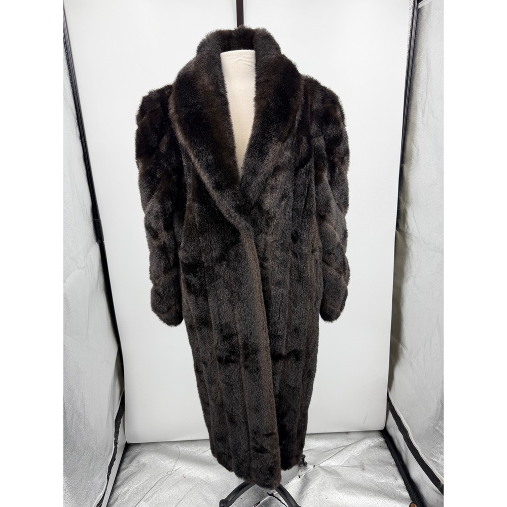 Charles Klein Faux Fur Long Coat Women 2X Brown Vintage Shawl Collar USA Made